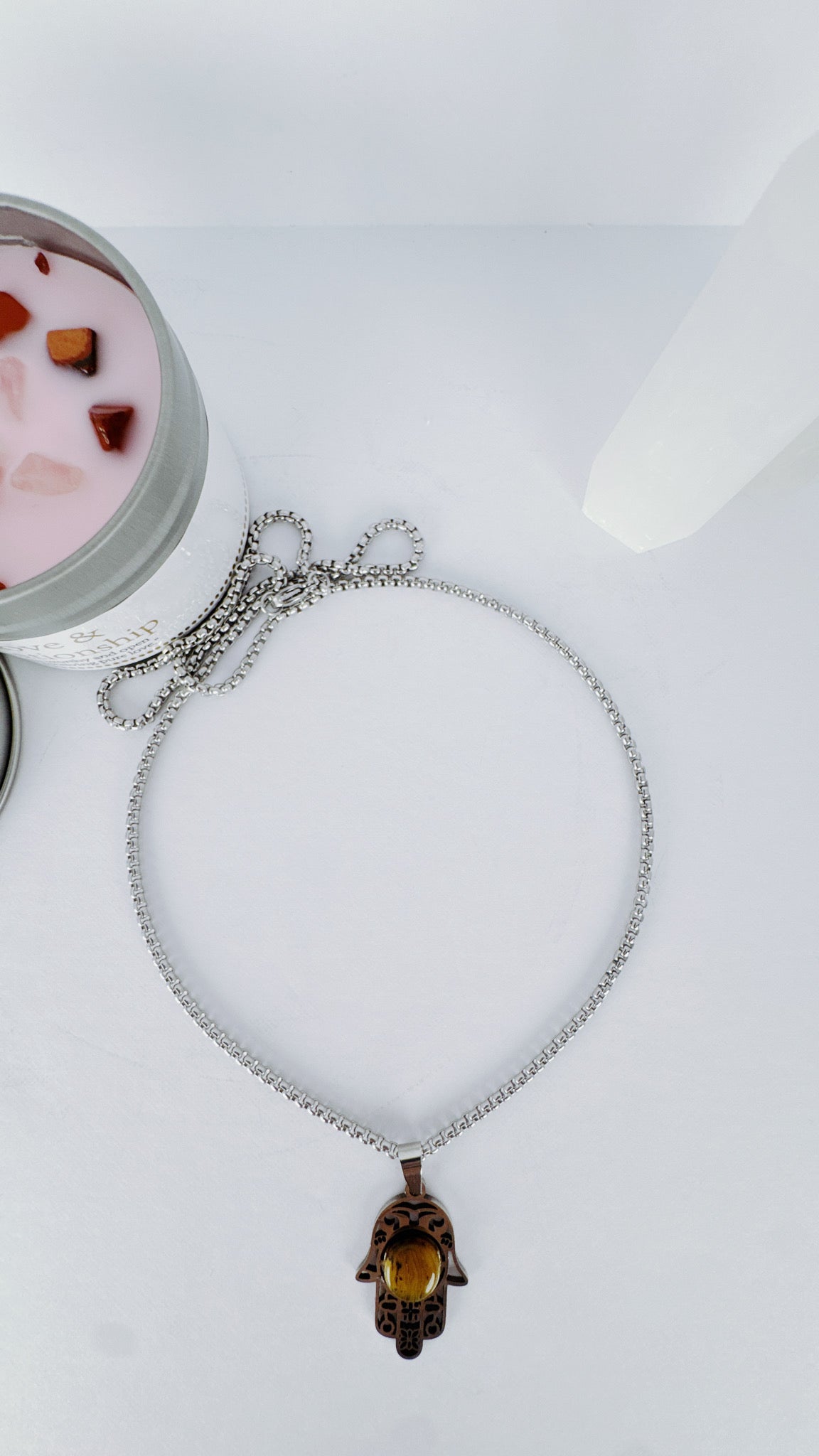 Hamsa Necklace with Tiger eye - Silver