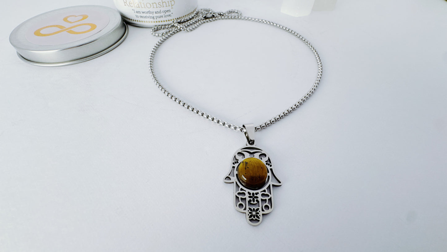 Hamsa Necklace with Tiger eye - Silver