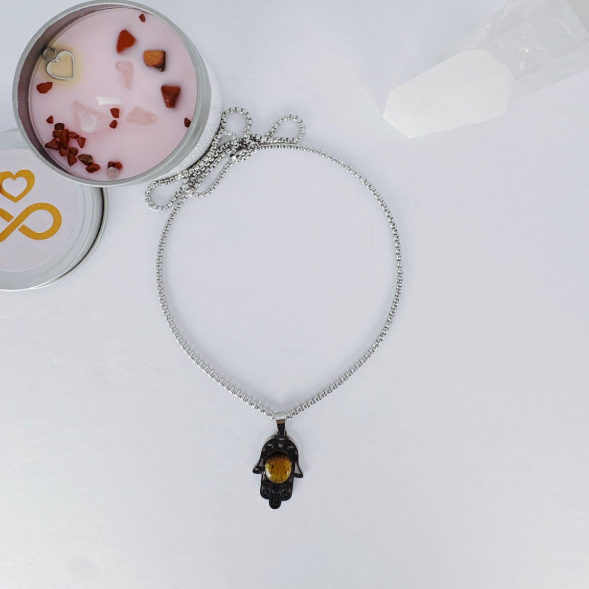 Hamsa Necklace with Tiger eye - Silver